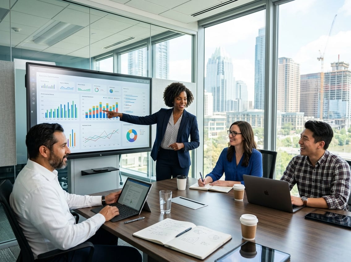 A group of business professionals collaborating around a conference table with a digital screen showing business charts in a bright office with city views.